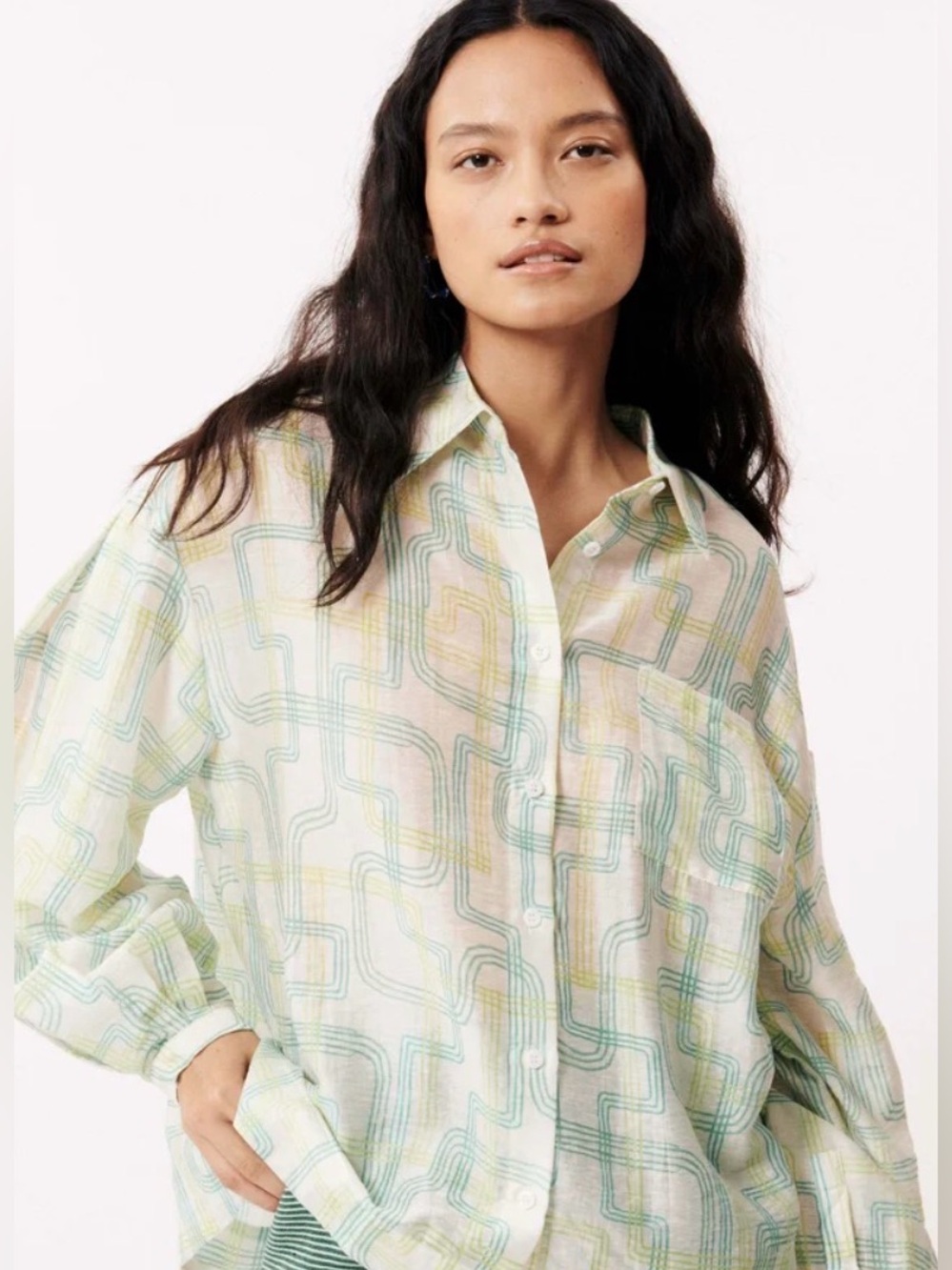 FRNCH Paris Charlotte Oversized Geometric Blouse - Light Green / Beige - size L